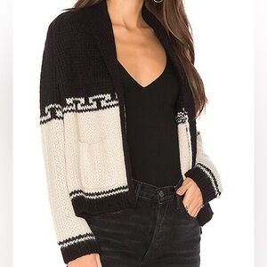 THE GREAT. Lodge Cardigan in Black/Winter Cream Size S 17% Alpaca Retail $395
